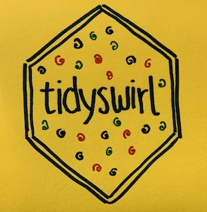 A post-it note with a crudely-drawn hex sticker that says 'Tidyswirl' across the centre, with small differently-coloured swirl shapes in the remaining space.