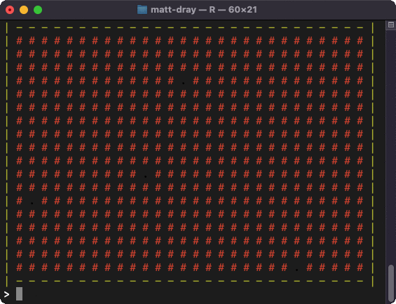 Gif showing the steps to generate an ASCII-character tiled dungeon in R. First, a map is created with four randomly-placed floor tiles, then they're connected with corridors, then the tiles around the floor tiles are converted from wall to floor tiles, randomly, for three iterations.