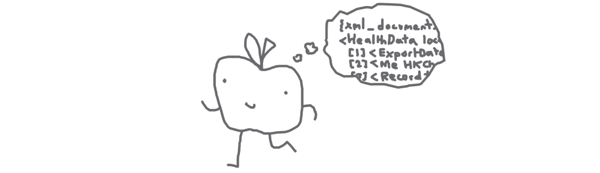 A badly drawn cartoon apple running along and thinking about some XML data.